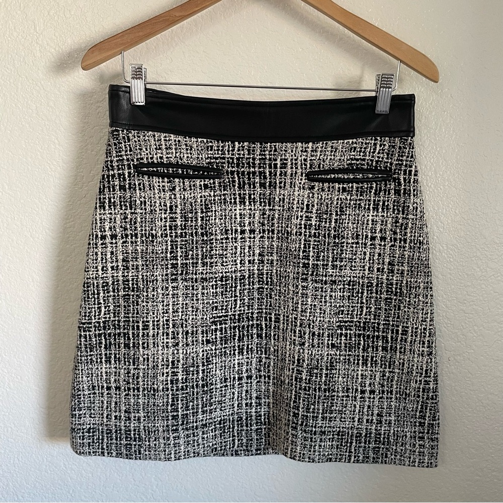 Karl Lagerfeld Tweed Black White Mini Skirt Faux Leather Waist Contrast Academia